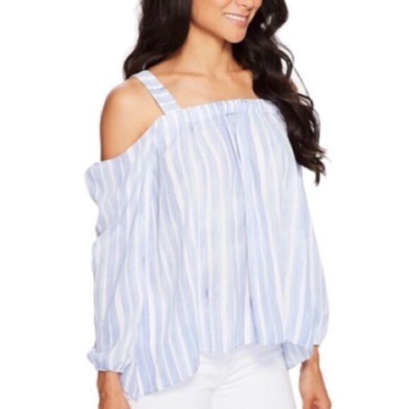 VINCE CAMUTO Sleeveless Off Shoulder Striped Blouse Blue White XS - Picture 5 of 12